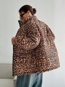 Flirla 1 pieza Abrigo acolchado con cremallera frontal de estampado de leopardo, de manga larga, para vestir informal en invierno