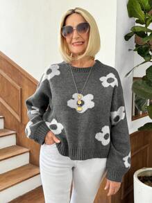 SHEIN LUNE Women Casual Floral Jacquard Knitted Sweater, Autumn/Winter - Grey - View 6