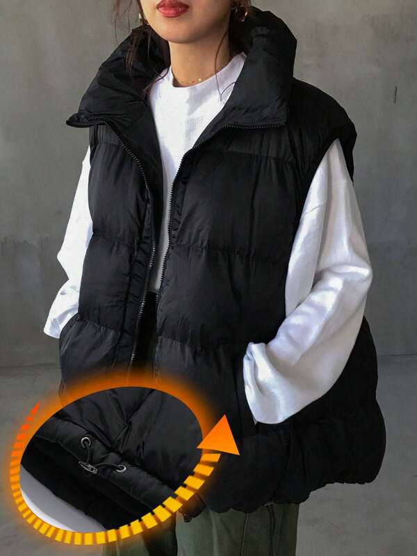 FRIFUL Zip Up Drawstring Hem Padded Vest Coat