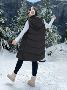 SHEIN CURVE+ Chaleco largo y grueso talla grande, a prueba de viento y cálido, ropa de mujer para otoño e invierno - Negro - Ver 2