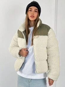 Aloruh Warm Windproof High Collar Long Sleeve Color Block Women Winter Coat