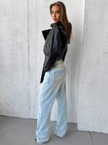 Aloruh 新款秋冬黑色 PU 皮革摩托夹克，翻领男友风 - 黑色 - 查看 4