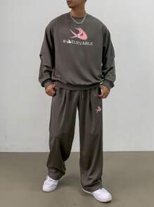 DAZY 2pcs Men Letter Print Round Neck Raglan Sleeve T-Shirt And Pants Set, Autumn - Grey - View 1