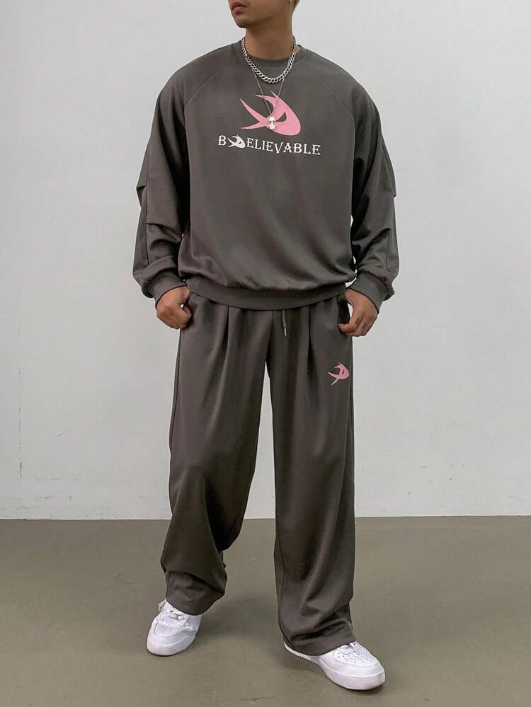 2pcs Men Letter Print Round Neck Raglan Sleeve T-Shirt And Pants Set, Autumn