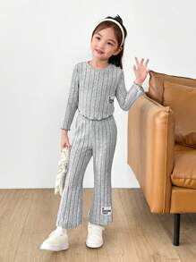 SHEIN Leap Crew Cô Gái Trẻ Dệt kim Màu thuần Vòng cổ Phù hợp Giải trí Áo Và Dệt kim Màu thuần Phù hợp Bùng nổ Quần Bộ - Xám - Xem 6