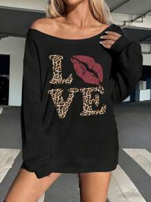 SHEIN EZwear Áo nỉ dài tay họa tiết da báo in hình đôi môi chữ Love rộng rãi cho nữ, thường ngày cho mùa thu/đông - màu đen - Xem 3