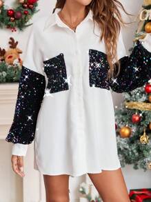 SHEIN Essnce Christmas Sequined Patchwork Shirt Jacket, White Top For Women, Sequined Jacket, Party Wear Loose Casual Shirt, Long-Sleeved Shirt, Christmas Shirt, Autumn Clothing