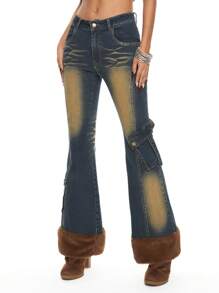 ROMWE Grunge Punk Quần Jeans Nữ Ống Loe Cạp Thấp, Vải Vá Lông Viền Thấp Y2K Distressed - Màu xanh lam - Xem 1