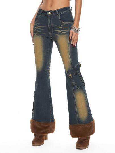 Grunge Punk Jeans pour femmes à jambes évasées, taille basse, avec ourlet en fourrure et effet délabré patchwork, style Y2K