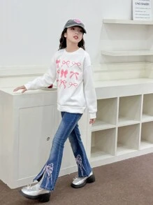 Tween Girls Bow Embroidered Side Split Flared Jeans, Retro Flare Jeans For Tween Girls - Medium Wash - View 3