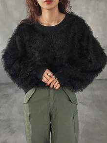 FRIFUL Women's Fashionable Loose Fuzzy Fabric Sweatshirt, Autumn/Winter - Black - View 7