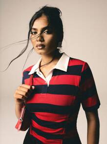 Athîral 女士撞色条纹印花 Polo 领休闲短袖 T 恤