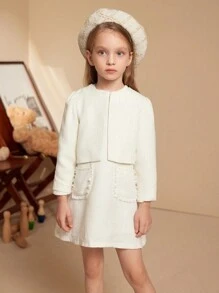 PrepCrw Young Girls' Solid Color Round Neck Button Up Elegant Long Sleeve Coat - White - View 1