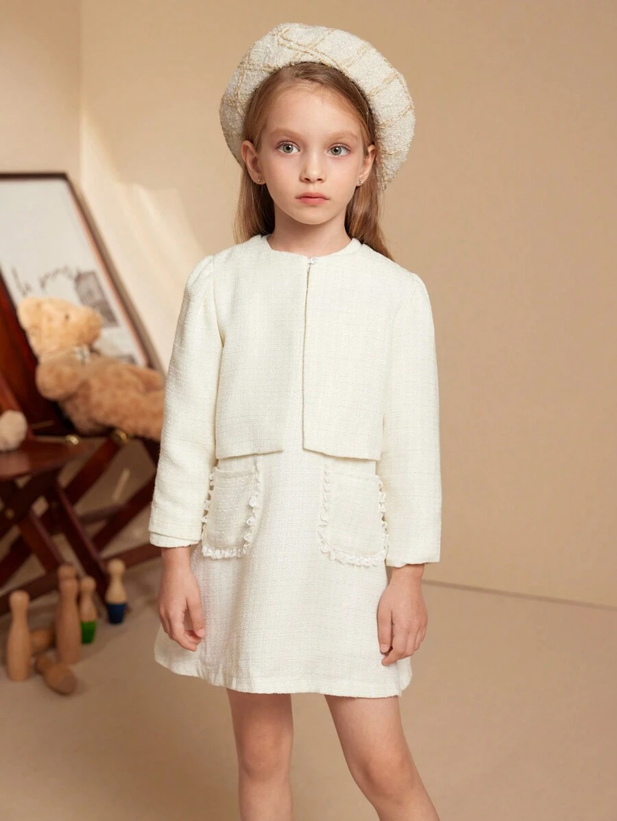 PrepCrw Young Girls' Solid Color Round Neck Button Up Elegant Long Sleeve Coat - White - View 1