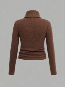 SHEIN Girlism Tween Girls Solid Color Turtleneck Long Sleeve Ribbed Casual T-Shirt 3 Piece/Set, Winter Clothes - Brown - View 8