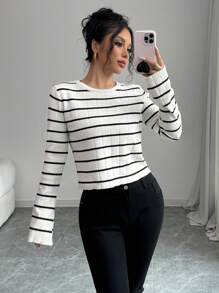 SHEIN Unity Women's Crew Neck Long Sleeve Simple Casual Striped Knit Sweater, Knit Pullover Fall Winter - Black and White - View 3
