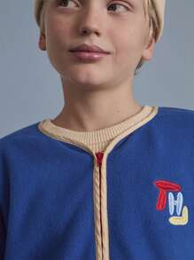 SHEIN Tween Boys Casual Daily Jacket With Embroidery Pattern, Contrast Color Pocket, Blue Fleece, Suitable For Autumn & Winter - Blue - View 5
