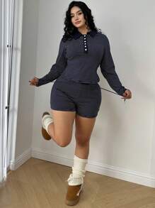 Flirla Ensemble oversize d'un t-shirt tricoté à manches longues avec col polo rayé décontracté et short court taille élastique