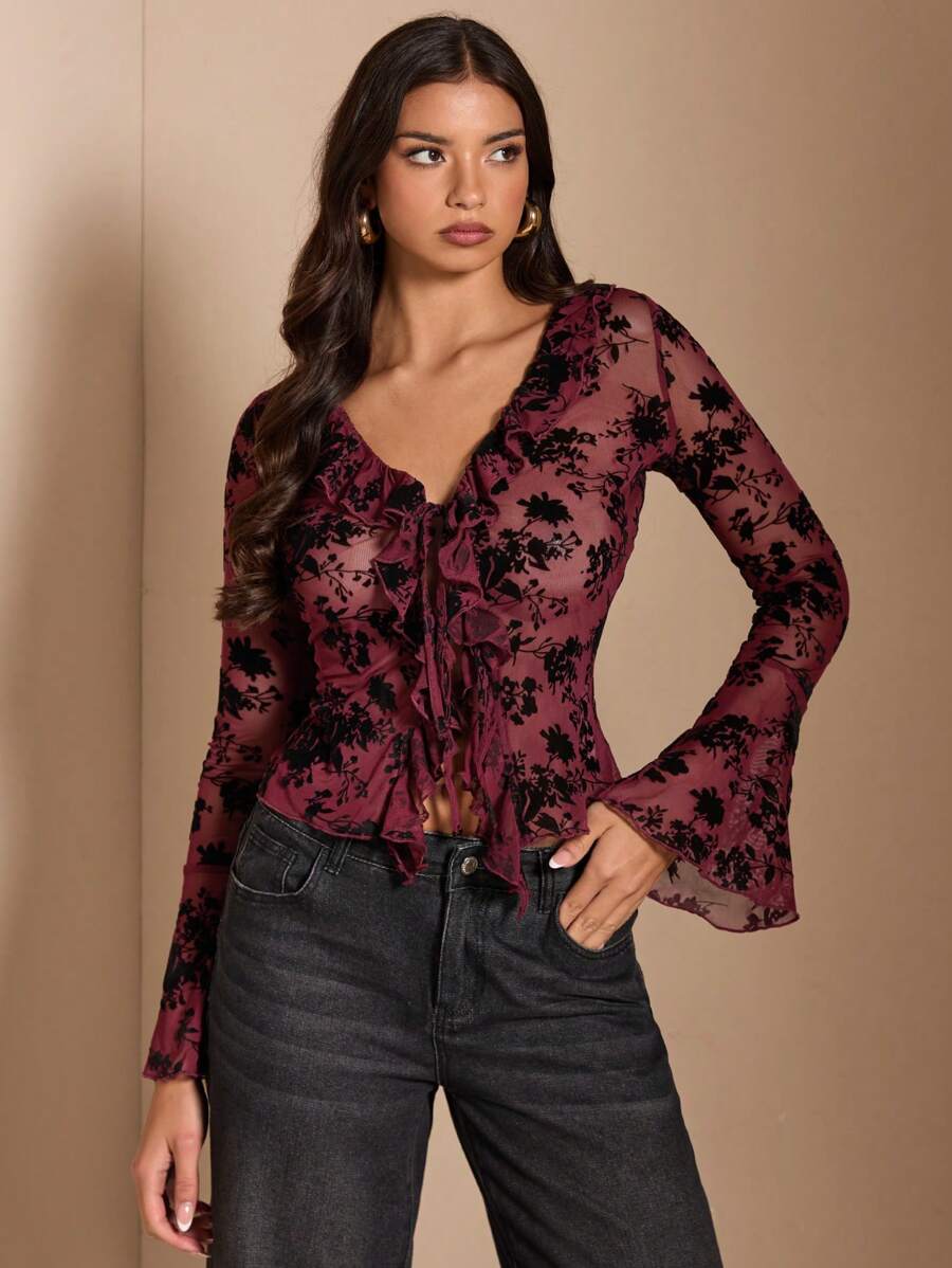SHEIN BAE 女士荷叶边长袖万圣节服装衬衫、优雅秋季上衣、圣诞节、新年、万圣节连衣裙、酒红色 - 酒紅色 - 查看 1