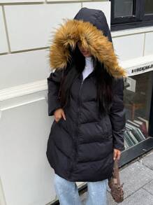 SHEIN EZwear Áo khoác đệm có mũ trùm đầu có khóa kéo viền lông - màu đen - Xem 8