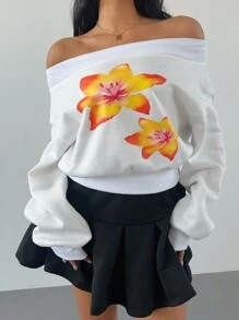 SHEIN SXY 秋冬季花卉印花保暖内衬白色运动衫 - 白色 - 查看 3