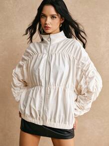 Poéselle Chaquetas plisadas beige, chaquetas bomber, chaquetas para exteriores, gabardinas, chaquetas simples de color liso con cremallera delantera y manga larga fruncida para mujeres, ropa de mujer para otoño, casual y cómoda, se puede usar como protección solar, para uso casual diario