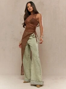 MISSGUIDED Mesh Ruched Side Split Maxi Dress Evening Party Gown Formal Occasion Long Dress Draped Design Elegant Asymmetric Hemline Sleeveless - Brown - View 4