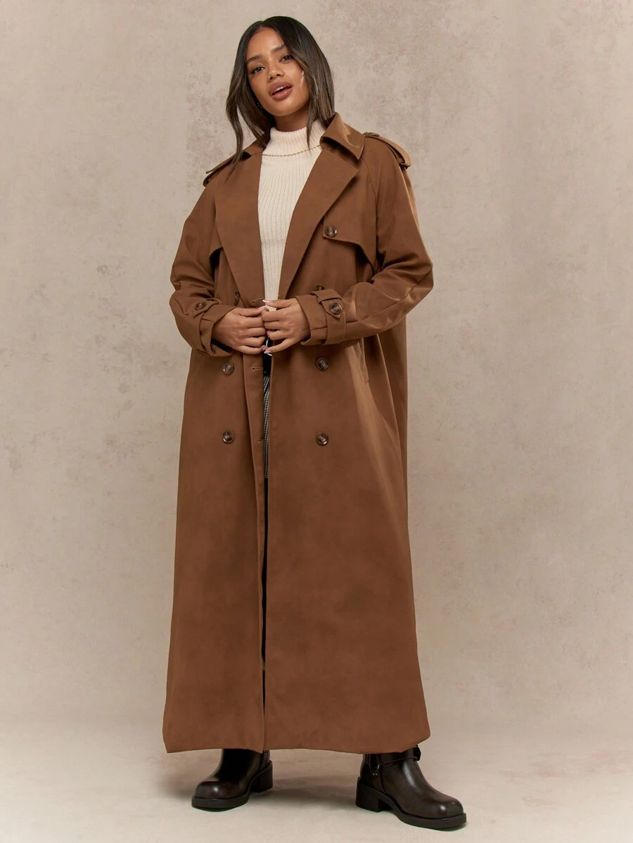 MISSGUIDED Classic Oversized Double-Breasted Suede Trench Coat With Belt Long Jacket Windbreaker Fall Winter Outerwear Daily Office Wear - Brown - View 1