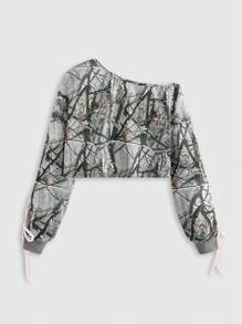 ROMWE Grunge Punk Y2K 性感蕾丝拼布和迷彩印花不对称领口短款大码套头运动衫