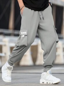 Manfinity Homme Men Plus Size Letter Patched Detail Flap Pocket Drawstring Waist Cargo Pants, Fall - Light Grey - View 7