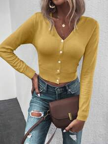 SHEIN LUNE Áo Cardigan lửng cài nút phía trước màu trơn giản dị mùa thu - Màu vàng - Xem 5