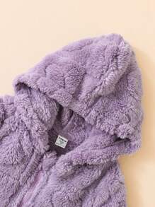 SHEIN 年轻女孩纯色心形图案拉链连帽羊毛夹克 - 紫色 - 查看 8