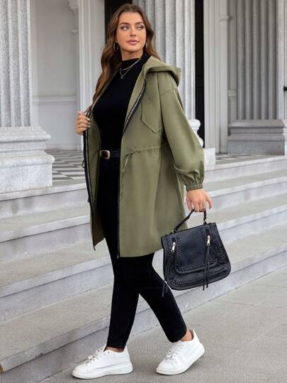 SHEIN LUNE Plusstorlek Enfärgad Huva Dragkedja Fram Casual Långärmad Jacka Plusstorlekar Höstkläder