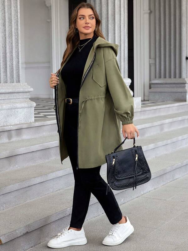 SHEIN LUNE Plus Size Jednolity Kolor Kaptur Zamek Błyskawiczny Z Przodu Casual Długi Rękaw Kurtka Plus Size Jesienne Ubrania