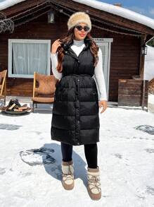 SHEIN EZwear Plus Size Solid Color Drawstring Hooded Long  Padded Vest, Women Winter Clothes Fall Autumn - Black - View 4
