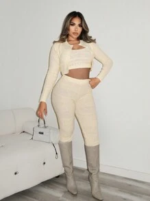 Zolique 3-Piece Set: Solid Color Tank Top+Front Button Long Sleeve Top Coat+Long Pants Sweater Pattern Autumn/Winter Set - Beige - View 5
