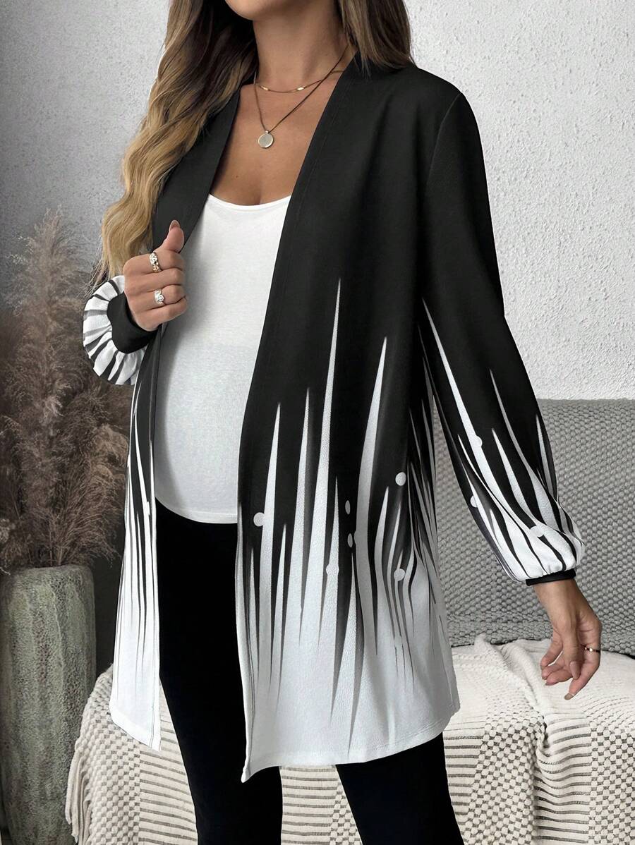 SHEIN Maternity Women's Gradient Knitted Casual Long Sleeve Jacket, Winter - Black and White - View 1