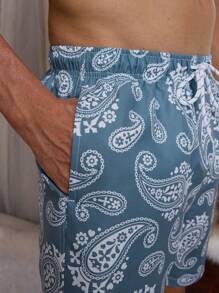 Manfinity Swimmode Men's Paisley Print Drawstring Waist Beach Shorts, Summer - Blue and White - View 11