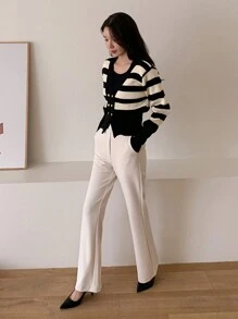 DAZY Cárdigan de mujer elegante con contraste de color, parches y rayas, dobladillo doble, ropa de otoño