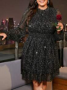 SHEIN CURVE+ Plus Keyhole Back Sheer Sleeve Dress - Black - View 7