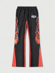 ROMWE MEN Street Life Men's Letter & Flame Print Zip-Up Hoodie With Drawstring Wide-Leg Pants Casual Tracksuit Set - Multicolor - View 3