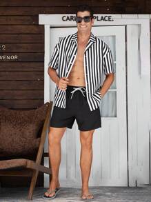 Surfspeed Men's Striped Print Front Button Short Sleeve Top And Solid Color Pocket Casual Beach Shorts Set - Black and White - View 5