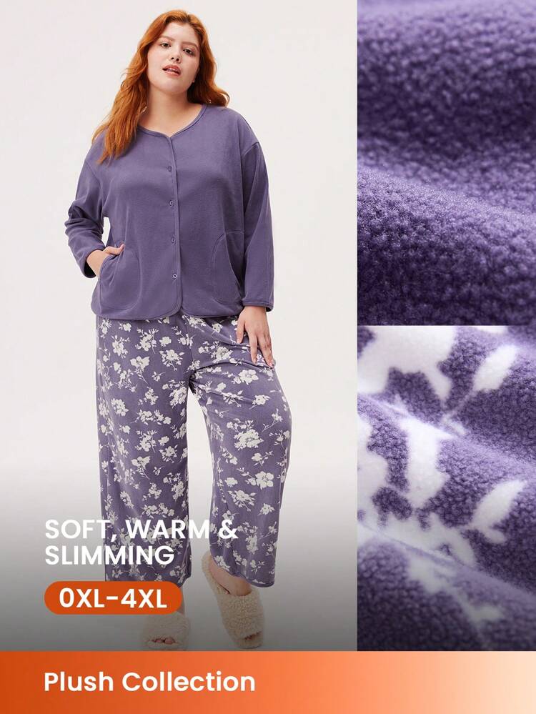 Plus Size Winter Basics Women's Printed Long Sleeve Pajama Set