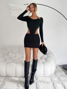 Chiquease Square Neck Solid Color Tight-Fitting Knitted Bodysuit, Sexy Hollow-Out Design For Women, Autumn/Winter