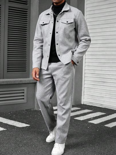 Manfinity Homme Men's Front Button Grey Long Sleeve Jacket And Pocket Long Pants Casual Suit, Men Two Pieces Outfits, Fall Men Clothes