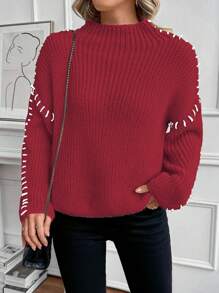 SHEIN LUNE Nowy sweter z długim rękawem i półgolfem na jesień/zimę, luźny i swobodny, z charakterystycznym wzorem