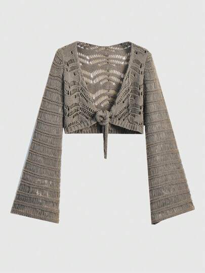 Spring/Autumn Casual Front Tie Bell-Sleeve Knitted Cardigan