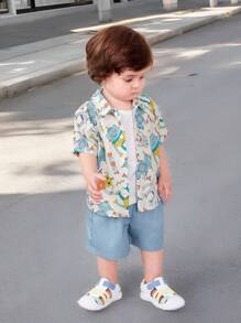 SHEIN Leap Crew Baby Boys' Cute Cartoon Robot Pattern Turn-Down Collar Short Sleeve Shirt And Casual Shorts Set - Multicolor - View 1