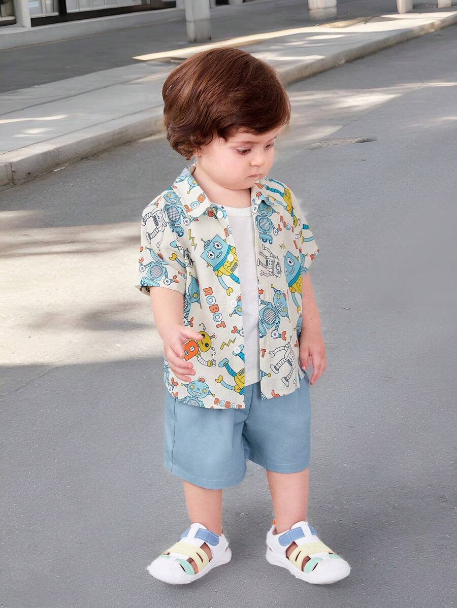 SHEIN Leap Crew Baby Boys' Cute Cartoon Robot Pattern Turn-Down Collar Short Sleeve Shirt And Casual Shorts Set - Multicolor - View 1