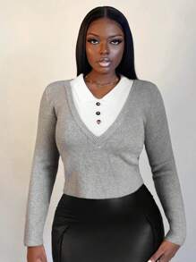 Zolique Winter Slim Fitting Friends Gathering Women's Fleece Sweater Gray Long Sleeved Top, Knit Pullover Fall - Grey - View 1
